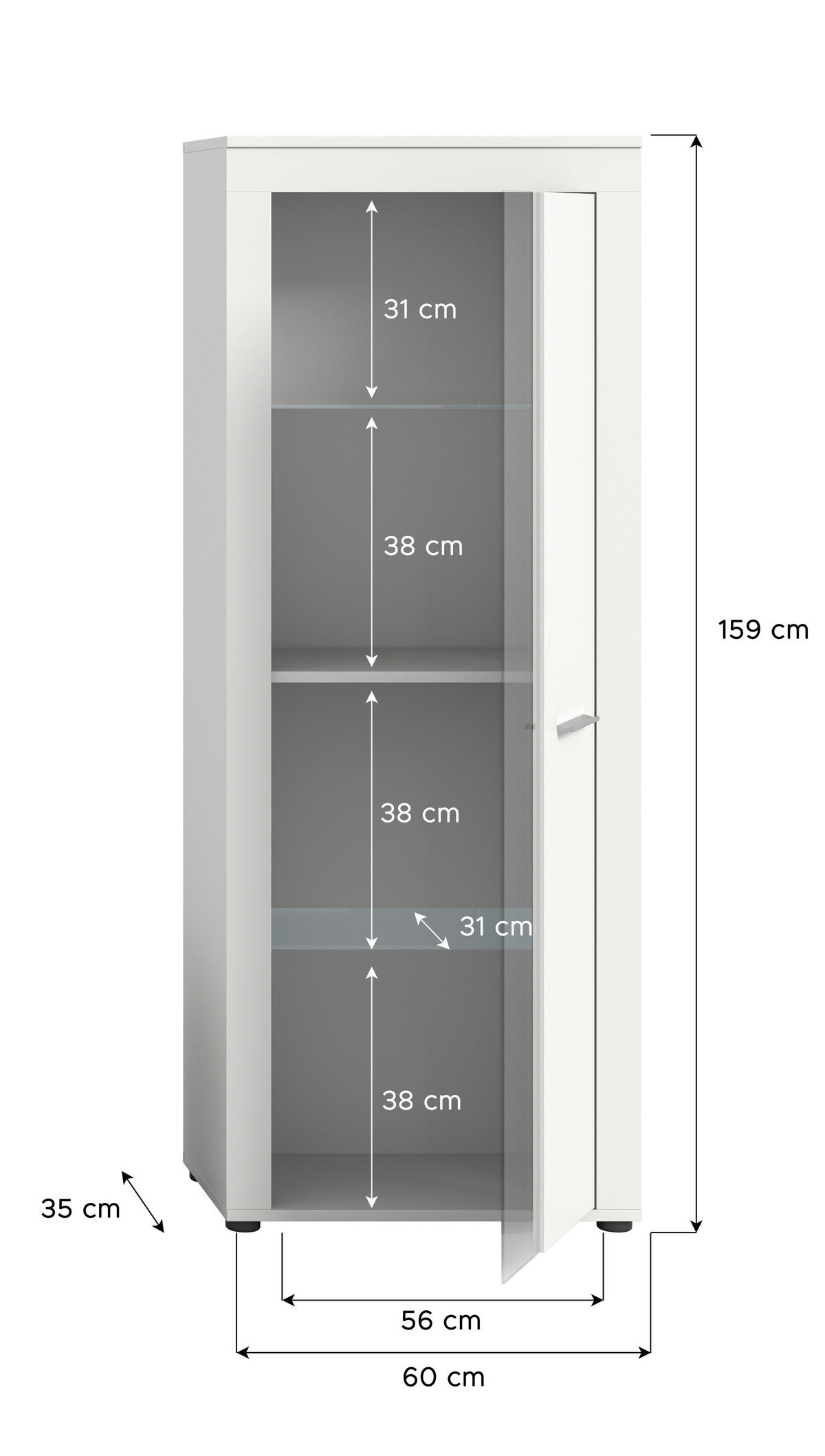 Vitrine Jam weiß B/H/T: ca. 60x159x35 cm Jam - weiß (60,00/159,00/35,00cm) - xonox.home