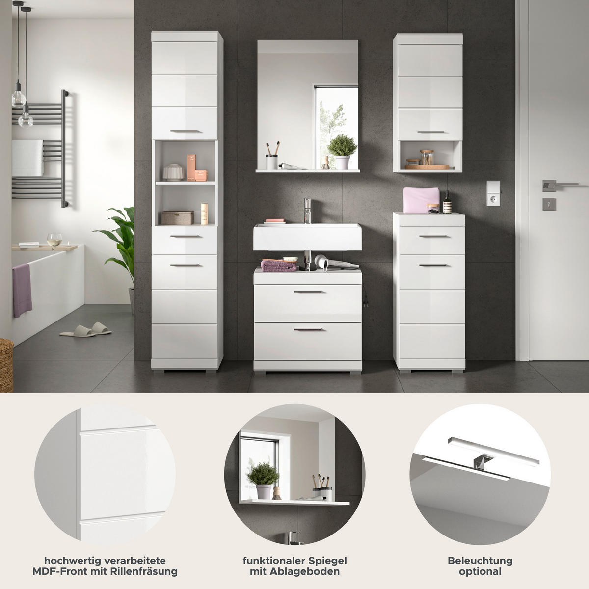 Badezimmer-Set Scout weiß weiß Hochglanz B/H/T: ca. 164x191x37 cm Scout - weiß (164,00/191,00/37,00cm) - xonox.home