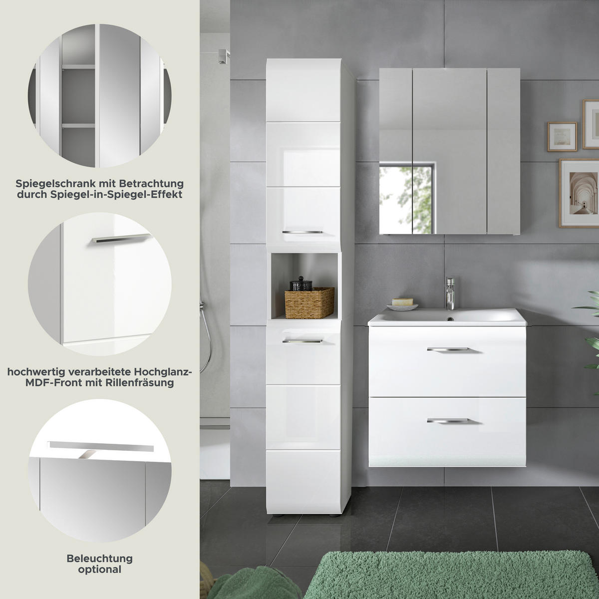 Badezimmer-Set Ice weiß weiß Hochglanz B/H/T: ca. 105x185x46 cm Ice - weiß (105,00/185,00/46,00cm) - xonox.home