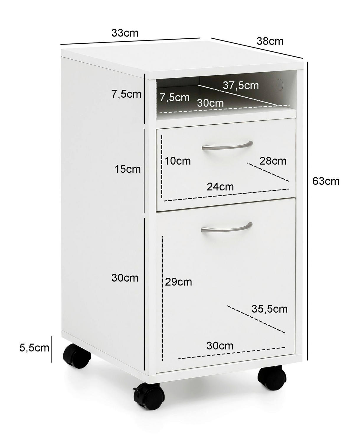 Rollcontainer weiß Spanplatte B/H/T: ca. 33x63x38 cm Rollcontainer - weiß (33,00/63,00/38,00cm) - Wohnling