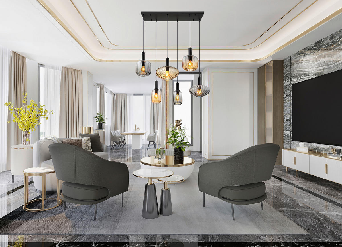 GLOBO Pendelleuchte schwarz Rauch amber Metall Glas PVC B/H/L: ca. 47x150x100 cm E27 6 Brennstellen VALLETTA - schwarz/amber (100,00/47,00/150,00cm) - GLOBO