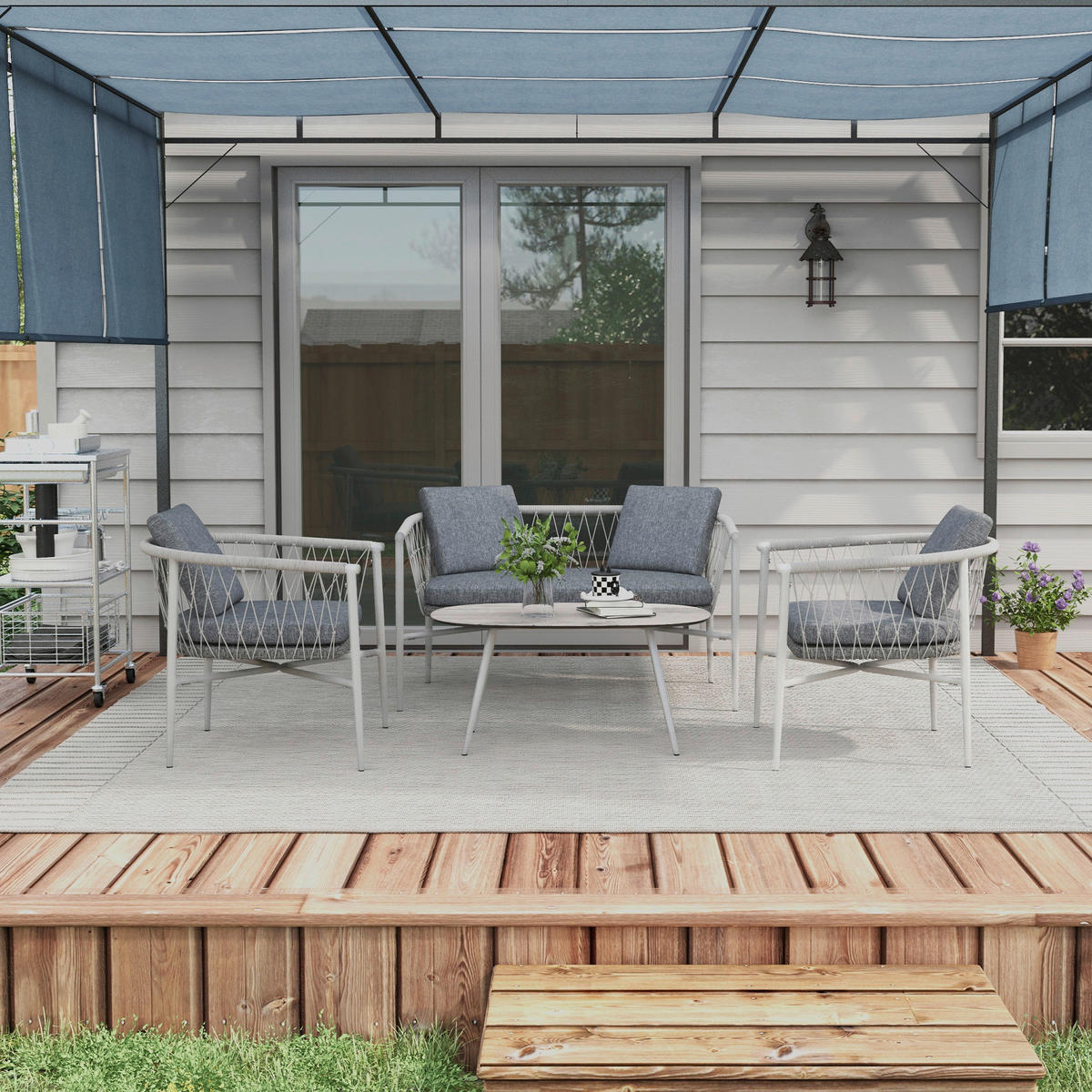 Outsunny Sitzgruppe grau Edelstahl B/H/L: ca. 68x121x67 cm Rattan_Gartenmöbel-Set - grau (67,00/68,00/121,00cm) - Outsunny