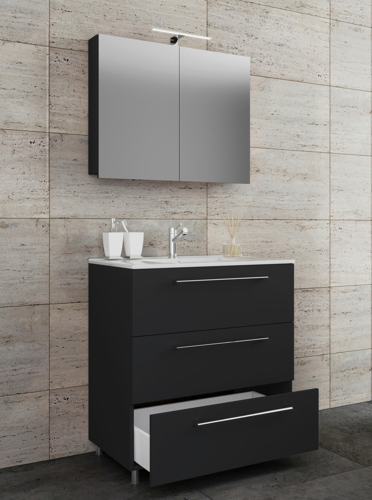 Waschplatz 3tlg-Schubo schwarz B/H/T: ca. 60x86x46 cm 3tlg-Schubo - schwarz (60,00/86,00/46,00cm) - VCM Möbel