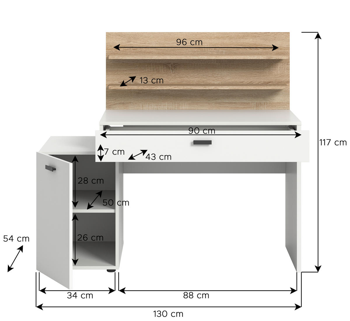 Schreibtisch Match weiß Eiche Sonoma Nachbildung B/H/T: ca. 130x117x54 cm Match - Eiche/weiß (130,00/117,00/54,00cm)
