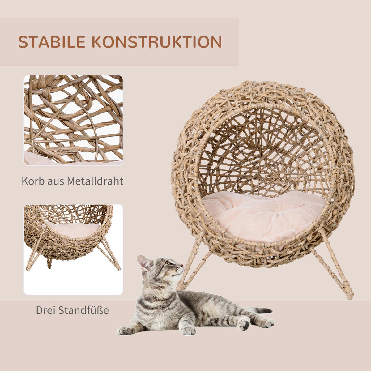 PawHut Katzenkorb natur Rattan B/H/L: ca. 52x58x52 cm Katzenkorb - natur (52,00/52,00/58,00cm) - PawHut