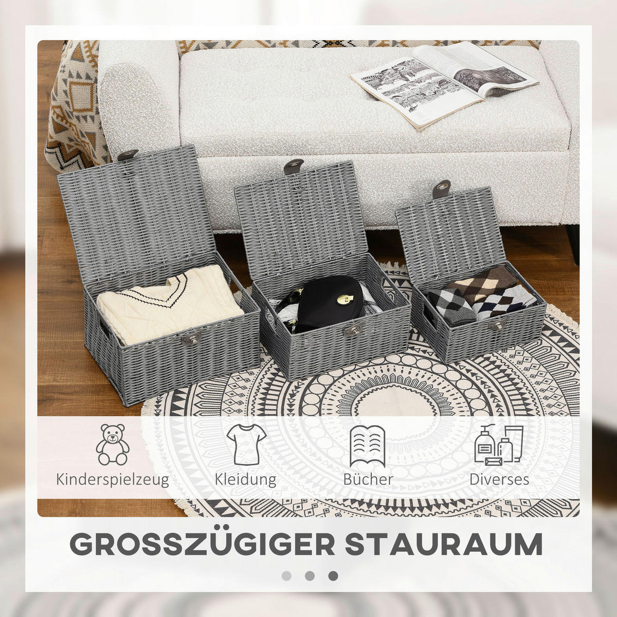 HOMCOM Aufbewahrungskorb grau Metall B/H/L: ca. 28,5x35,5x18 cm Aufbewahrungskorb-Set - grau (18,00/28,50/35,50cm) - HOMCOM