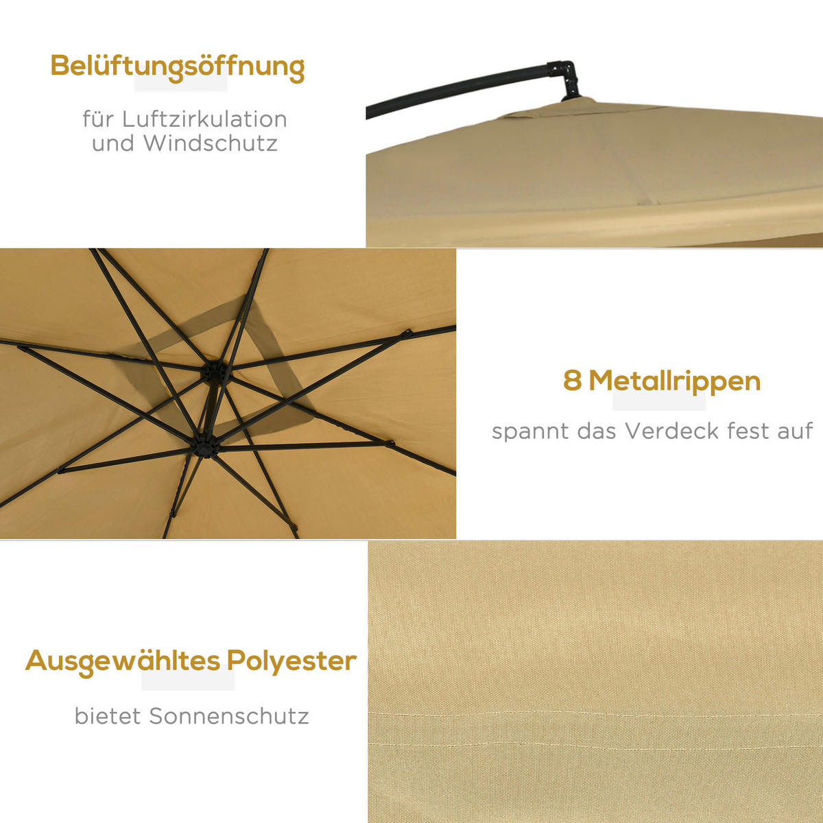 Outsunny Ampelschirm beige Polyester B/H/L: ca. 296x272x296 cm Ampelschirm - beige (296,00/296,00/272,00cm) - Outsunny
