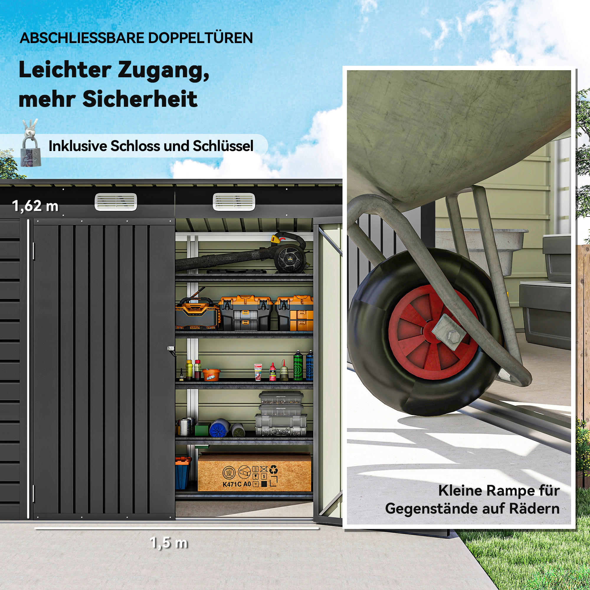 Thumbnail - Outsunny Gerätehaus grau B/H/L: ca. 121x183x249 cm