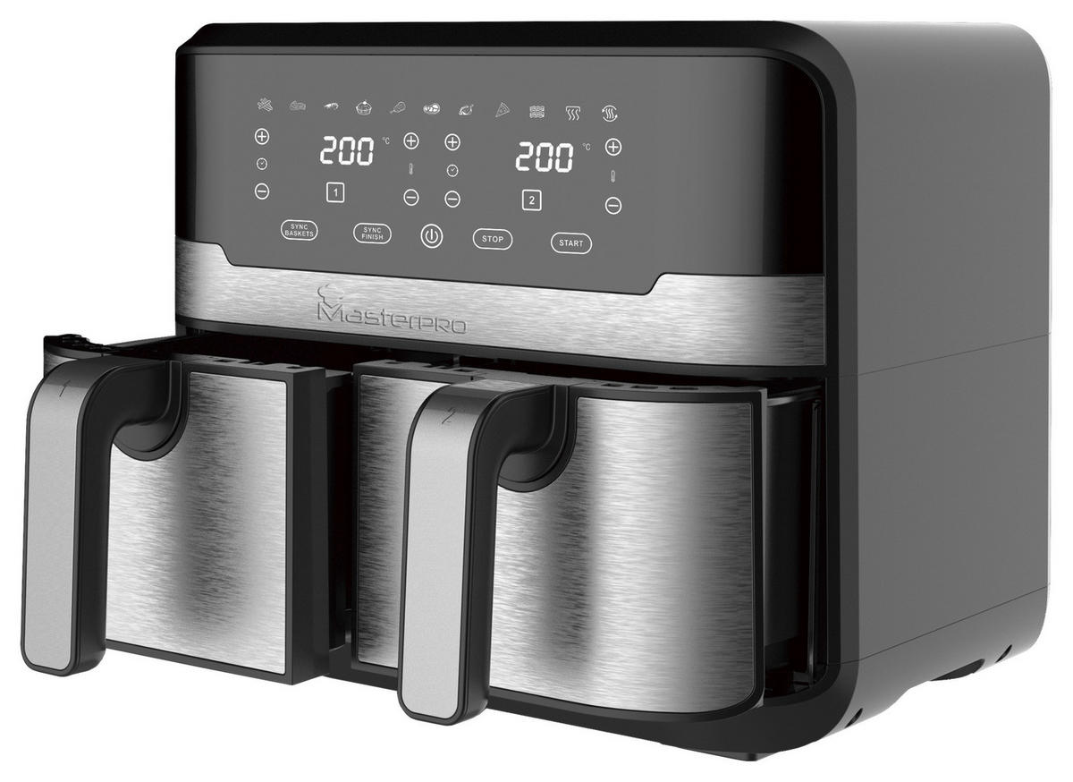 MASTERPRO Heißluftfritteuse Doppelbehälter BGMP-9178-BK silber Metall B/H/T: ca. 45x35,5x38 cm ca. 9 l Rocket duo 900 BGMP-9178-BK - schwarz/silber (45,00/35,50/38,00cm) - MASTERPRO