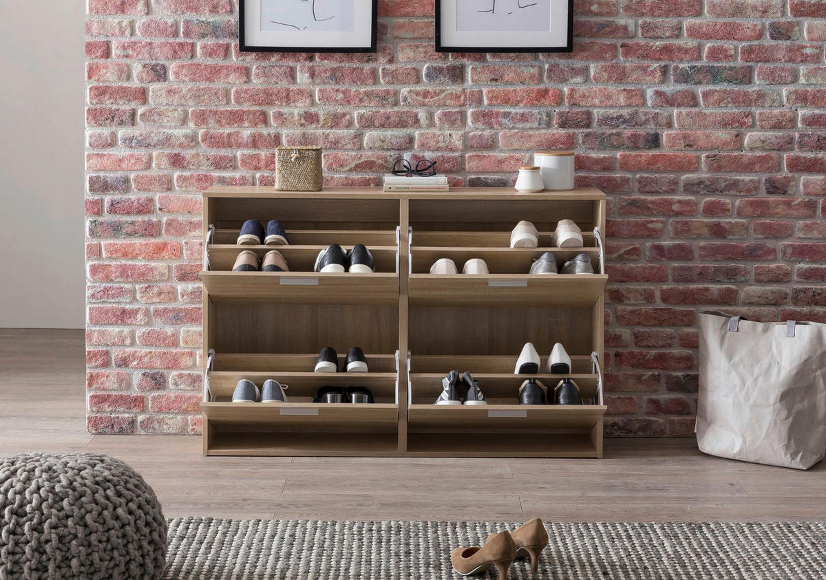 Schuhschrank Eiche Sonoma Nachbildung silber B/H/T: ca. 120x81x24 cm Schuhschrank - Eiche/silber (120,00/81,00/24,00cm) - Wohnling