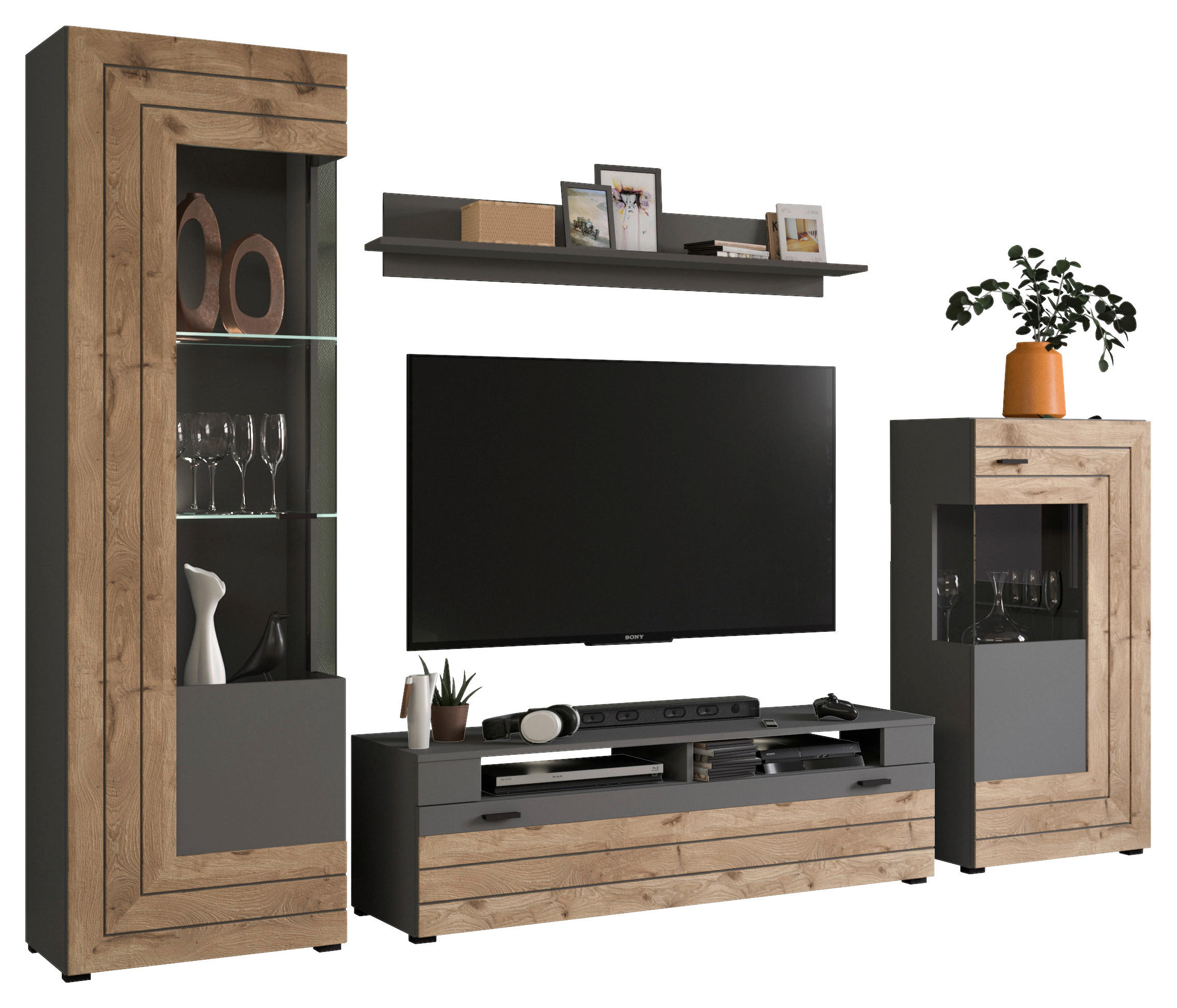 Wohnwand Freno grau matt Eiche Nox Oak Nachbildung B/H/T: ca. 290x194x40 cm Freno - Eiche/grau (290,00/194,00/40,00cm) - xonox.home