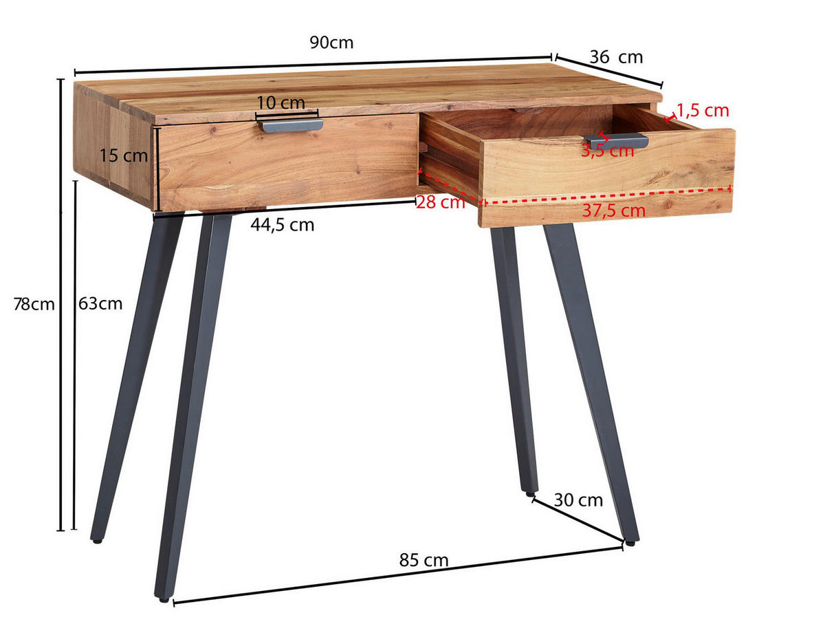 Konsolentisch natur schwarz lackiert Akazie Eisen B/H/T: ca. 90x78x36 cm Konsolentisch - natur/schwarz (90,00/78,00/36,00cm) - Wohnling
