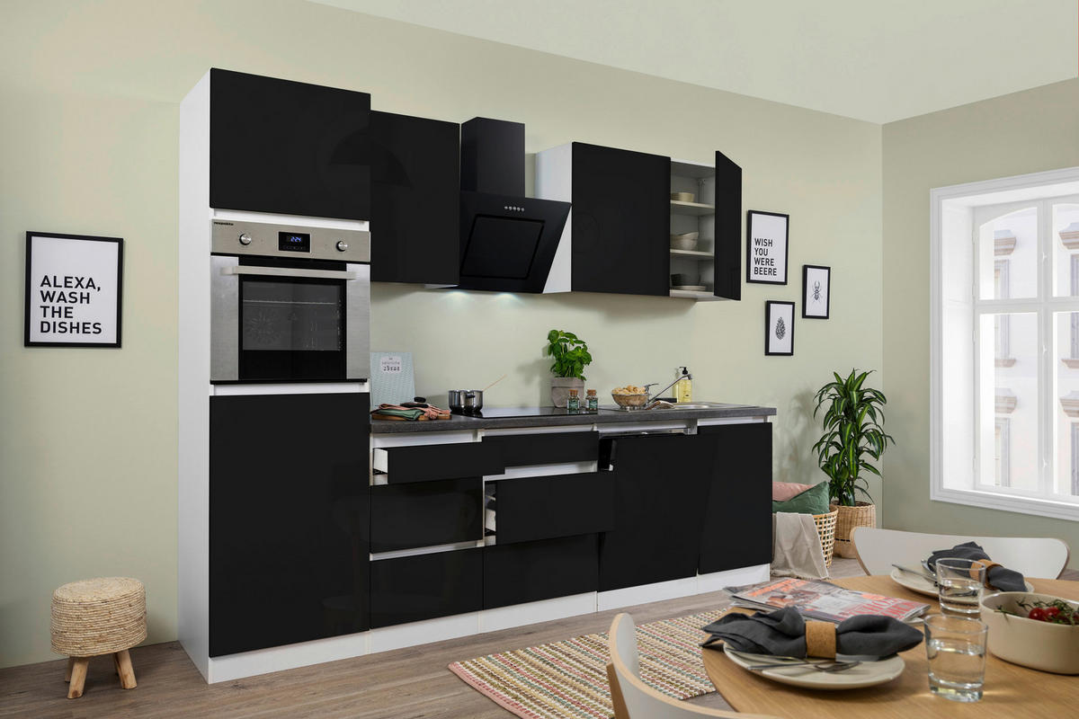 Respekta Küchenblock Premium schwarz hochglänzend B/H/T: ca. 280x220,5x60 cm Premium - weiß/granit (280,00/220,50/60,00cm) - Respekta