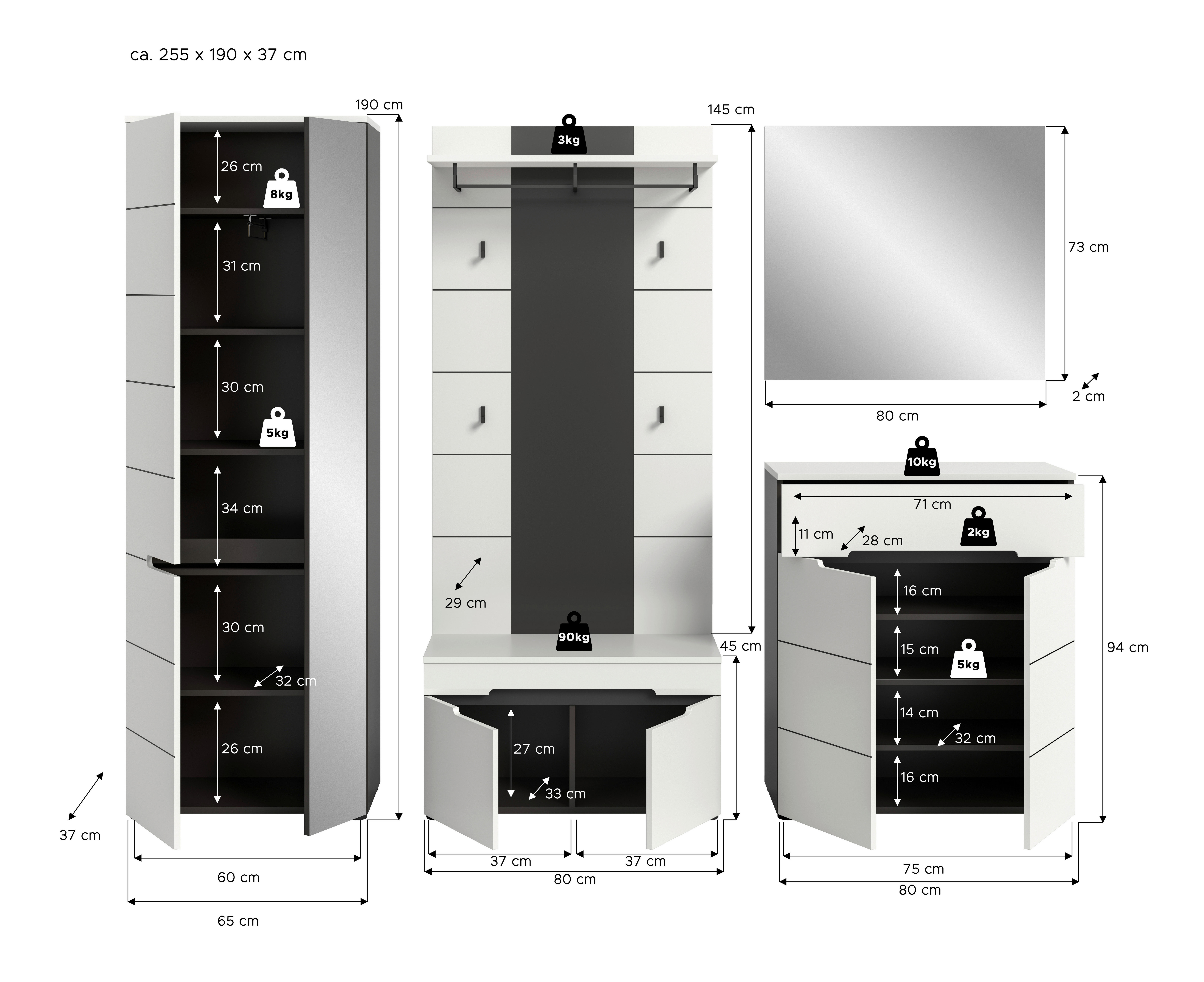 Garderobe Canu basaltgrau Nachbildung weiß B/H/T: ca. 255x190x37 cm Canu - weiß/basaltgrau (255,00/190,00/37,00cm) - xonox.home