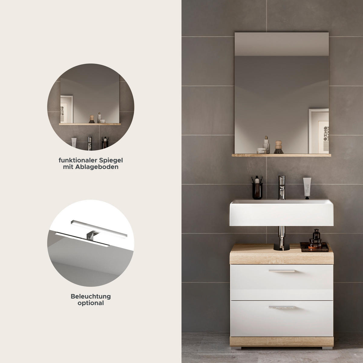 Badezimmer-Set Lambada Eiche Sonoma Nachbildung weiß Hochglanz B/H/T: ca. 60x191x37 cm Lambada - Eiche/weiß (60,00/191,00/37,00cm) - xonox.home