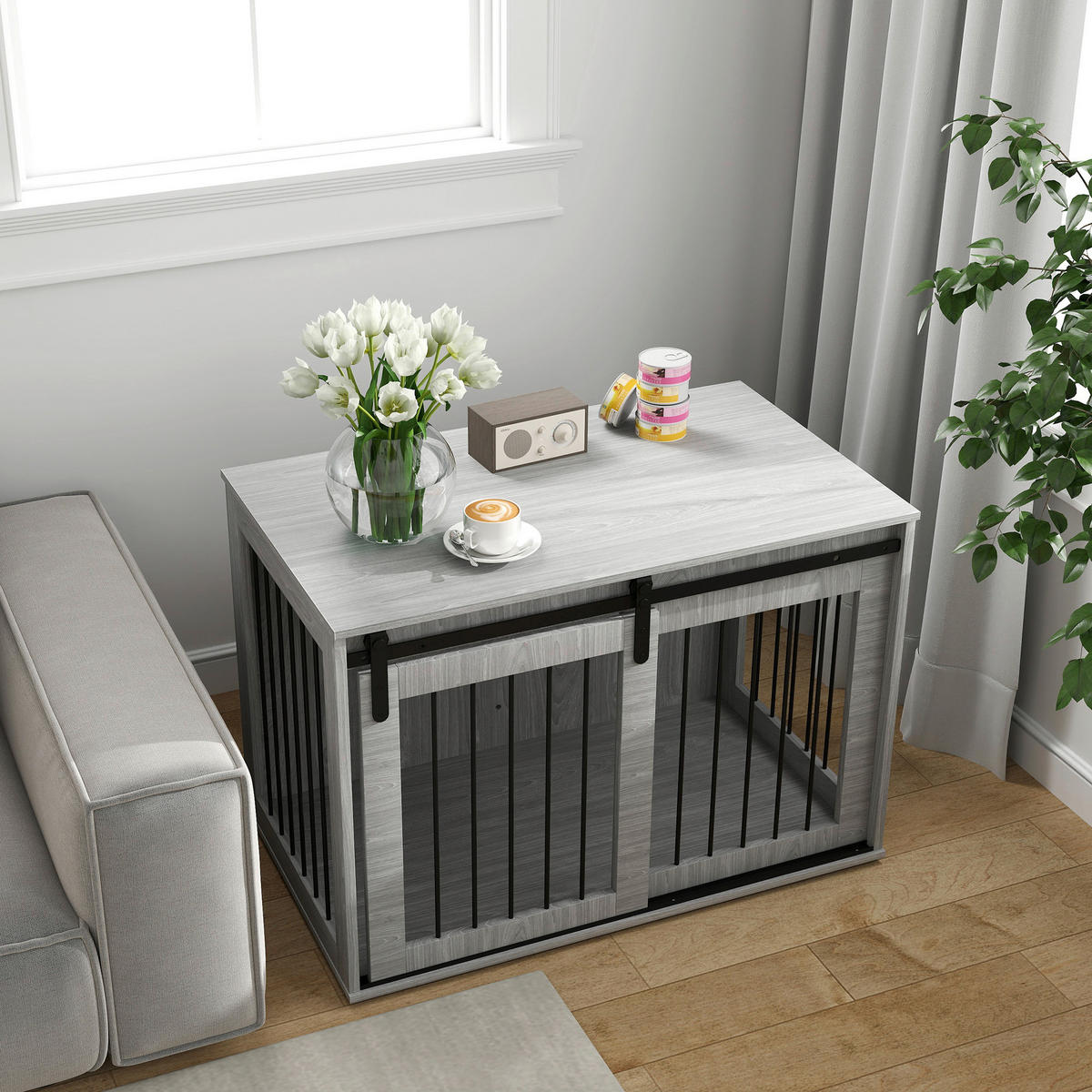 PawHut Hundekäfig grau Spanplatte B/H/L: ca. 58x61x98 cm Hundekäfig - grau (98,00/58,00/61,00cm) - PawHut