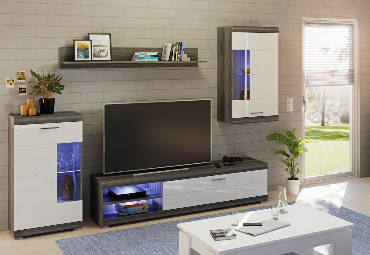 Wohnwand Scout Rauchsilber Nachbildung weiß Hochglanz B/H/T: ca. 265x185x40 cm Scout - weiß (265,00/185,00/40,00cm)