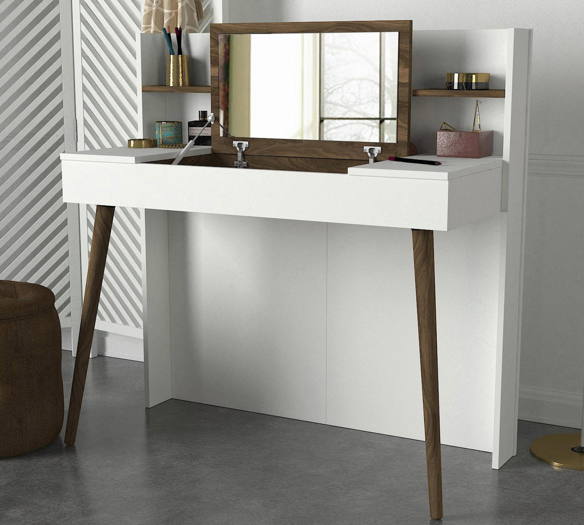 Schminktisch Retro weiß walnuss Nachbildung B/H/T: ca. 116x120x52 cm Retro - weiß/walnuss (116,00/120,00/52,00cm) - moebel17