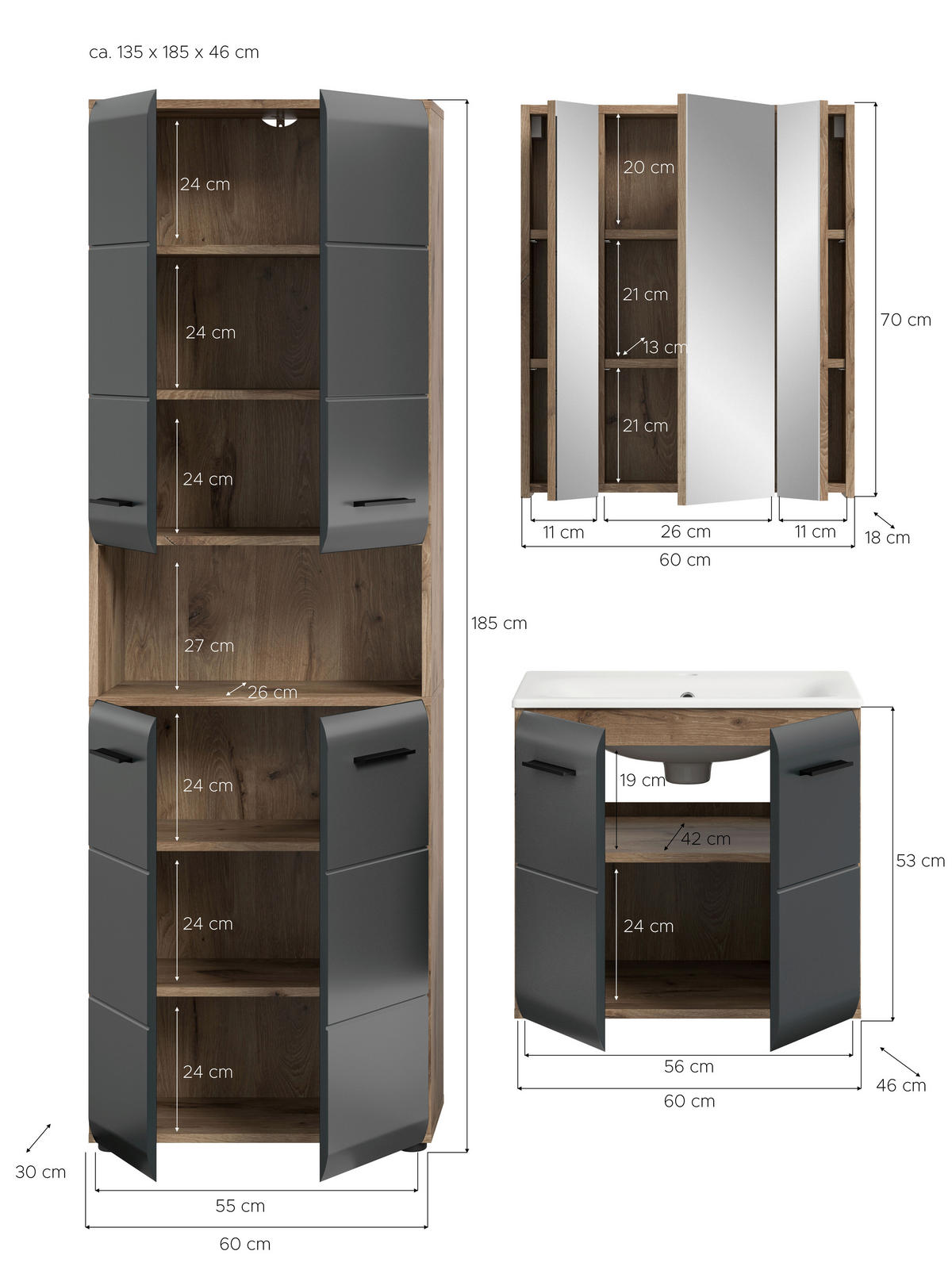 Badezimmer-Set Ice Nox Oak Nachbildung schwarz matt B/H/T: ca. 135x185x46 cm Ice - schwarz (135,00/185,00/46,00cm) - xonox.home