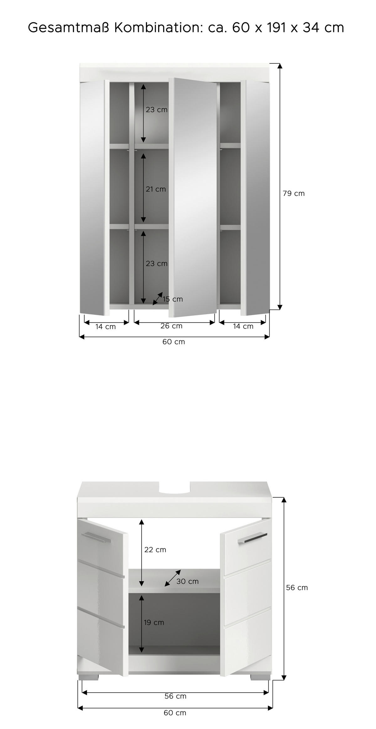 Badezimmer-Set Scout weiß weiß Hochglanz B/H/T: ca. 60x191x34 cm Scout - weiß (60,00/191,00/34,00cm) - xonox.home