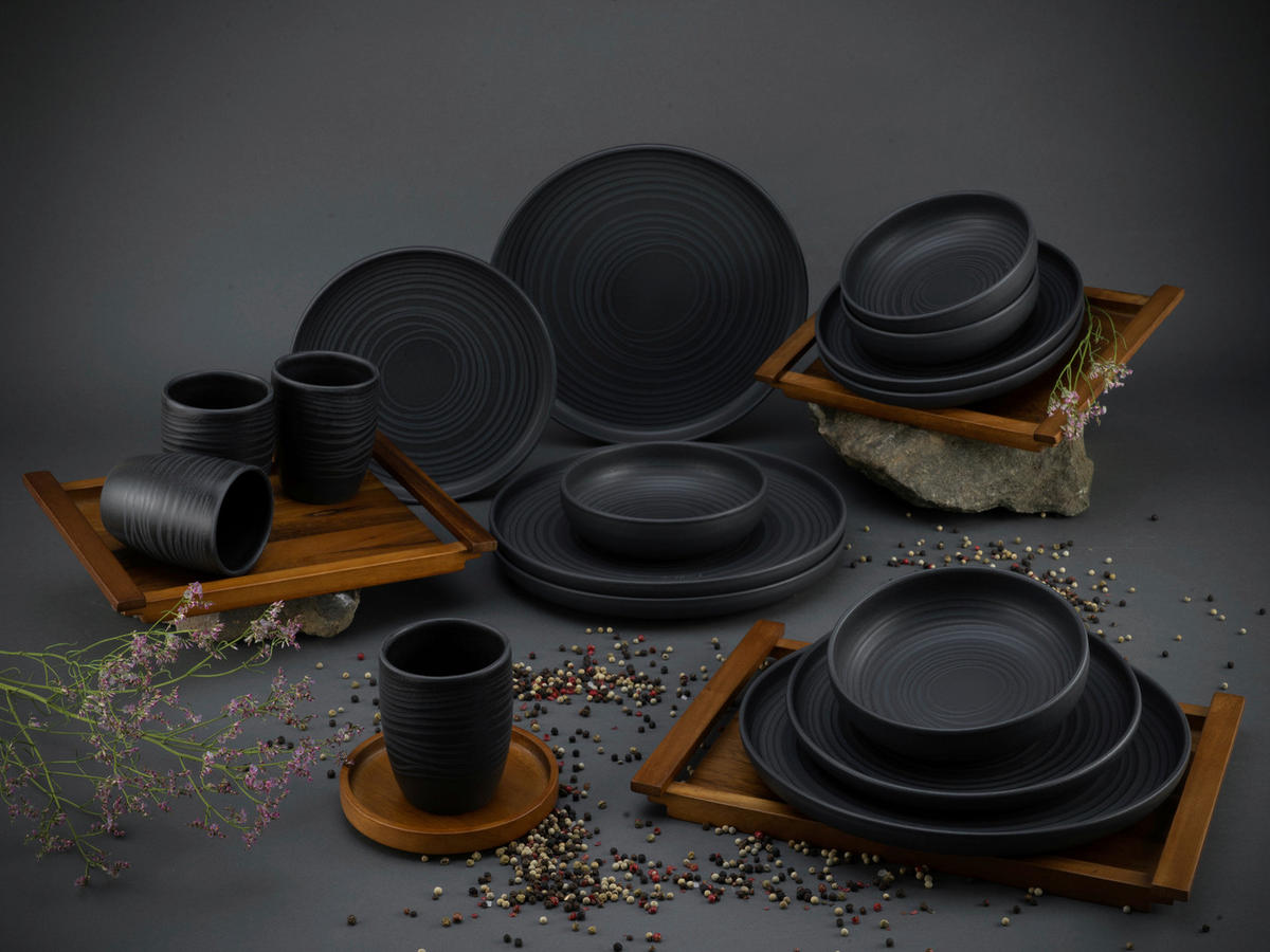 CreaTable Kombiservice Uno Black Lava Stone schwarz Steinzeug 16 tlg. Uno Black Lava Stone - schwarz - CreaTable