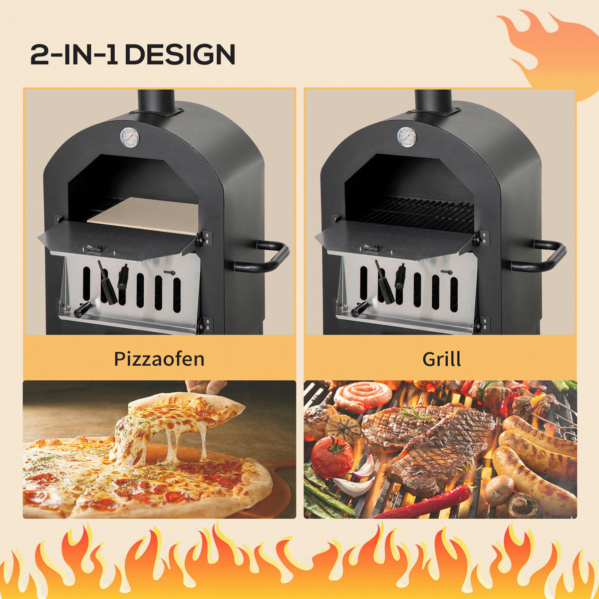 Outsunny Pizzaofen mit Schornstein schwarz Stahl B/H/L: ca. 54x161x63 cm Pizzaofen 846-085 - schwarz/silber (63,00/54,00/161,00cm) - Outsunny
