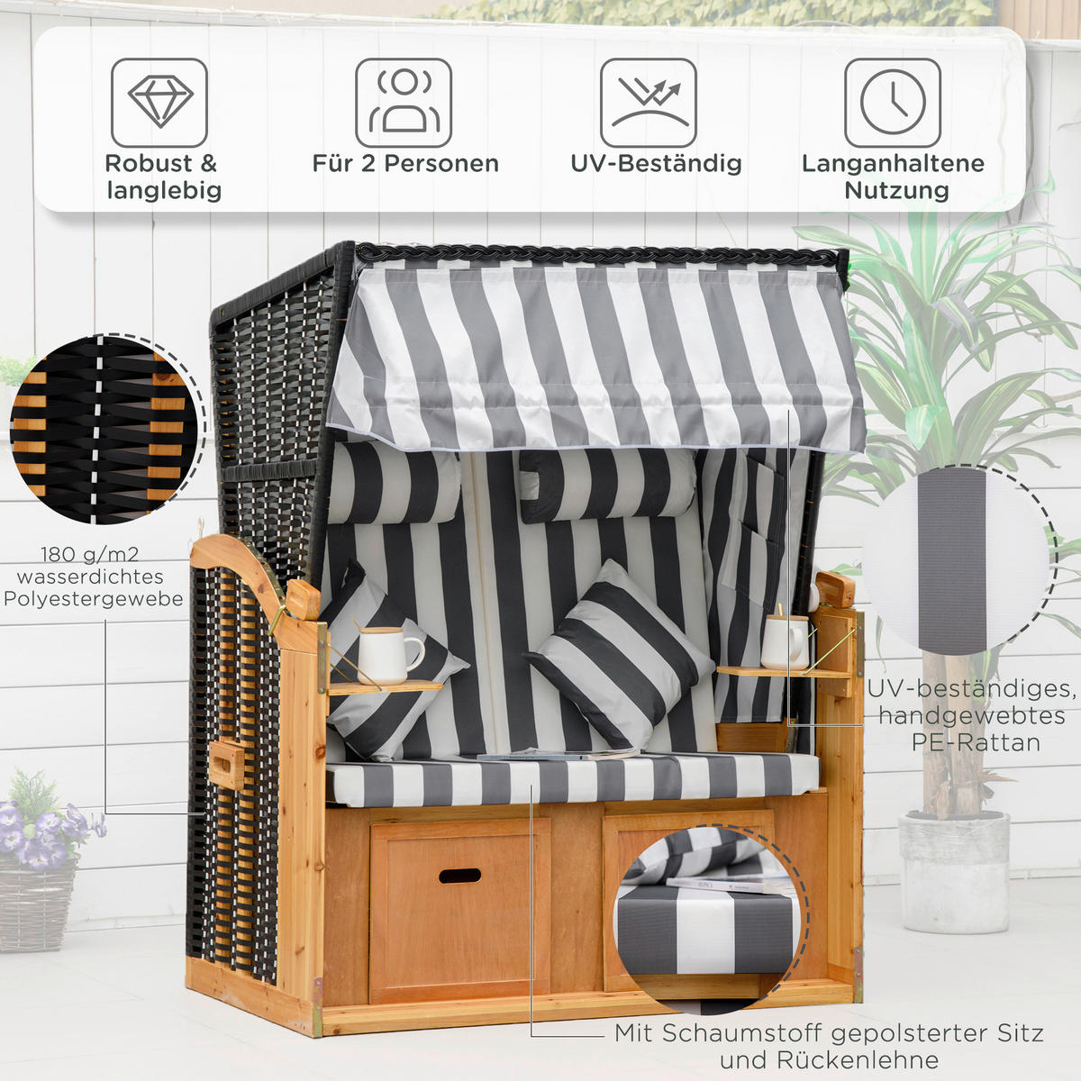 Outsunny Strandkorb grau Polypropylen B/H/L: ca. 79x118x160 cm Strandkorb - weiß/grau (160,00/79,00/118,00cm) - Outsunny