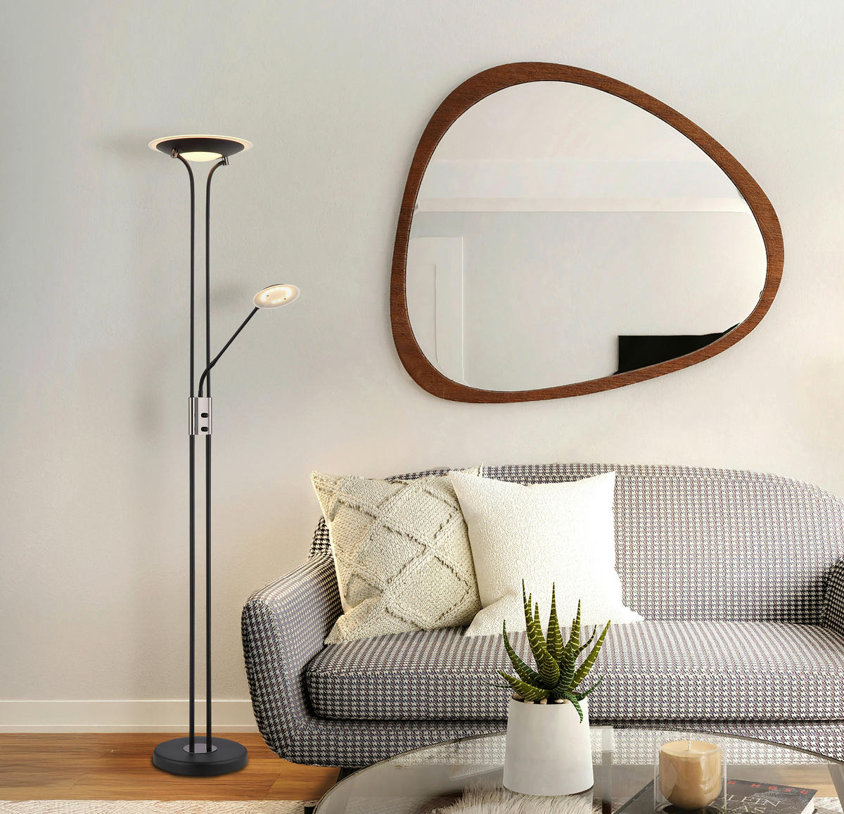 GLOBO Deckenfluter mattschwarz Chrom Satiniert Glas Metall H/D: ca. 180x30 cm 2 Brennstellen Tamika - Satiniert/Chrom (30,00/180,00cm) - GLOBO