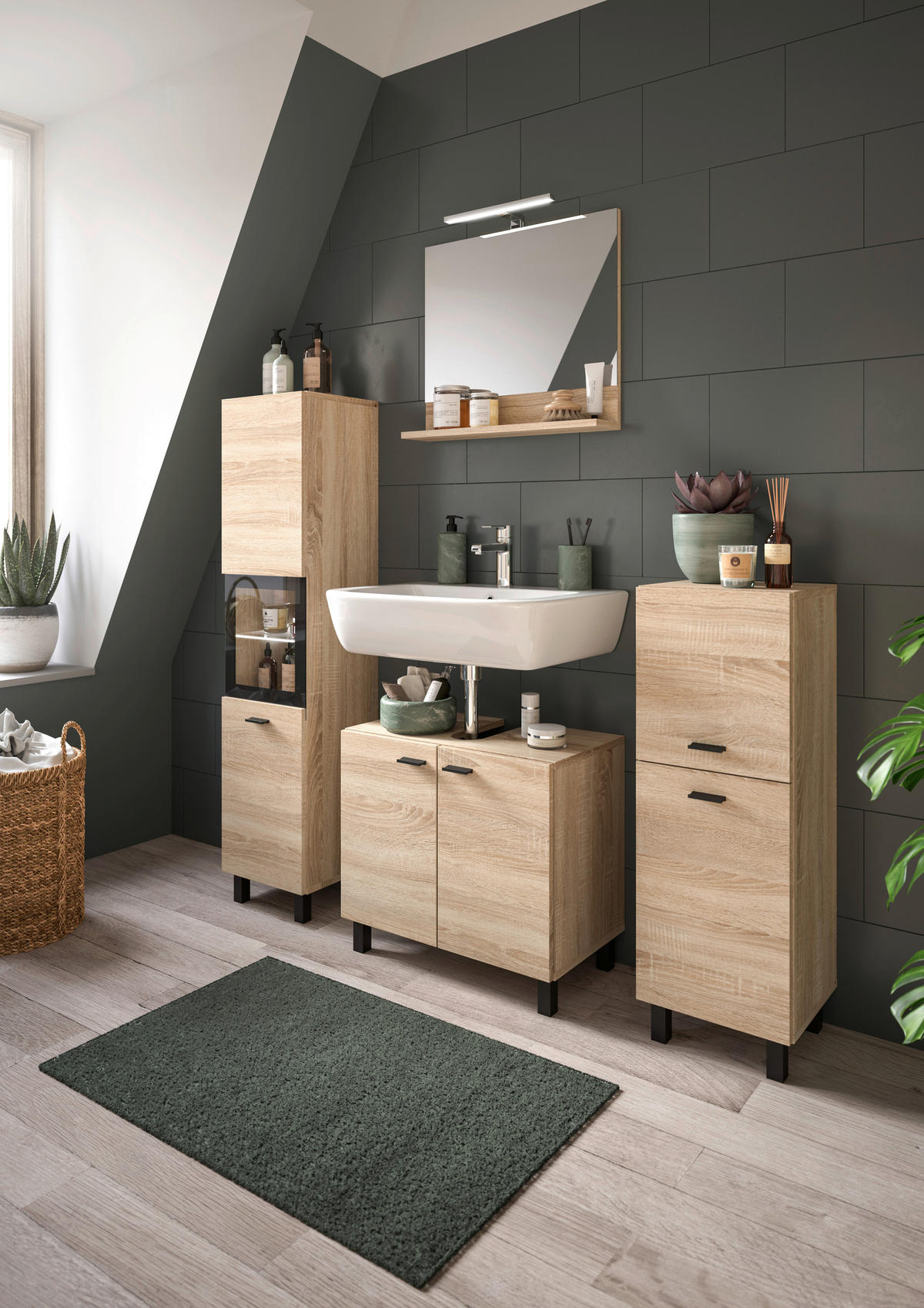Badezimmer-Set BOSTON Eiche Sonoma Nachbildung schwarz B/H/T: ca. 137x186x33 cm BOSTON - Eiche/schwarz (137,00/186,00/33,00cm) - xonox.home