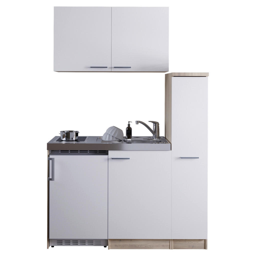 respekta Miniküche 130 - Eiche Sonoma Sägerau Nb./ weiss, Glaskeramikkochfeld Mit extra Hänge- und Apothekerschrank 100 cm