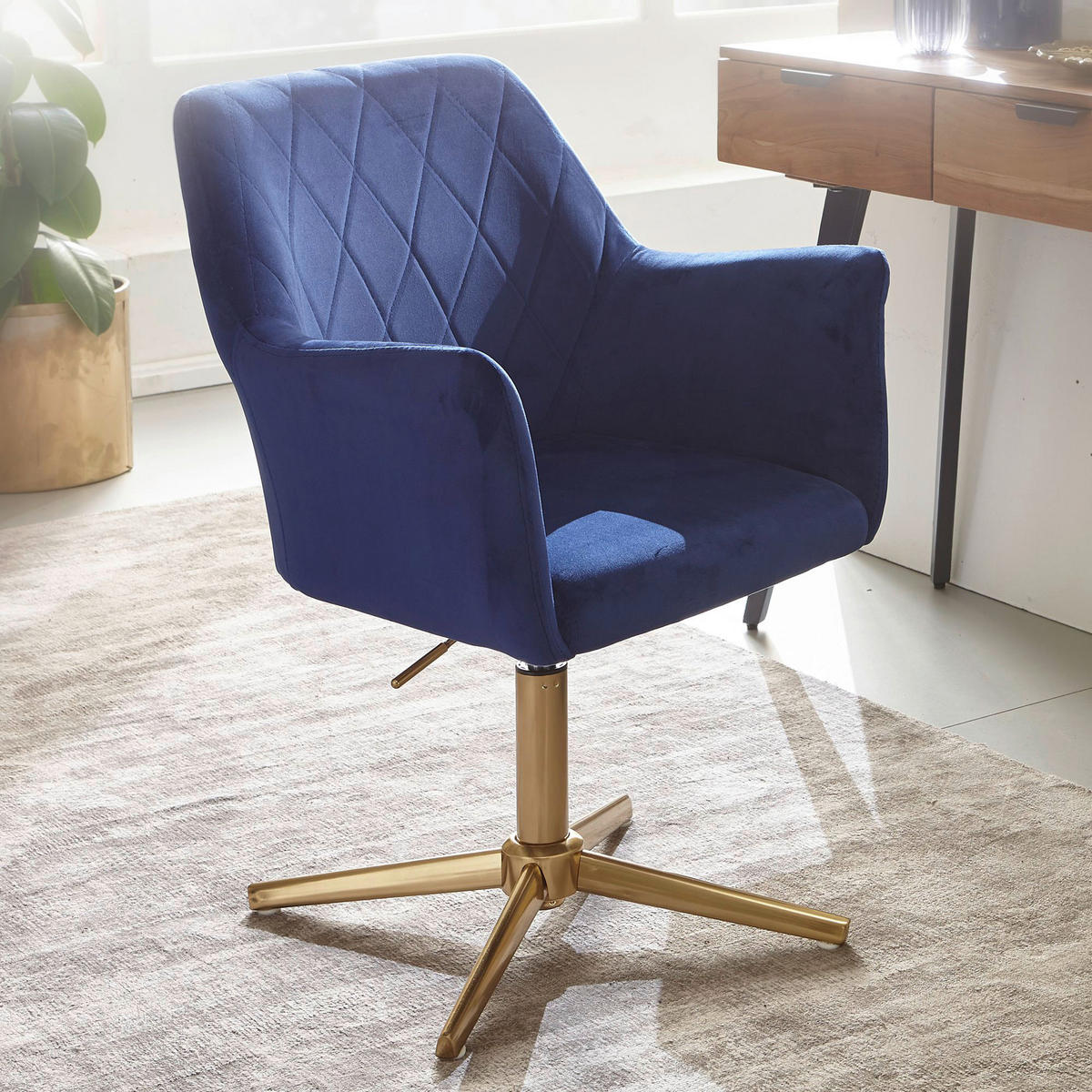Drehstuhl blau Samt Eisen Drehstuhl - blau (55,00/97,00/55,00cm) - Wohnling