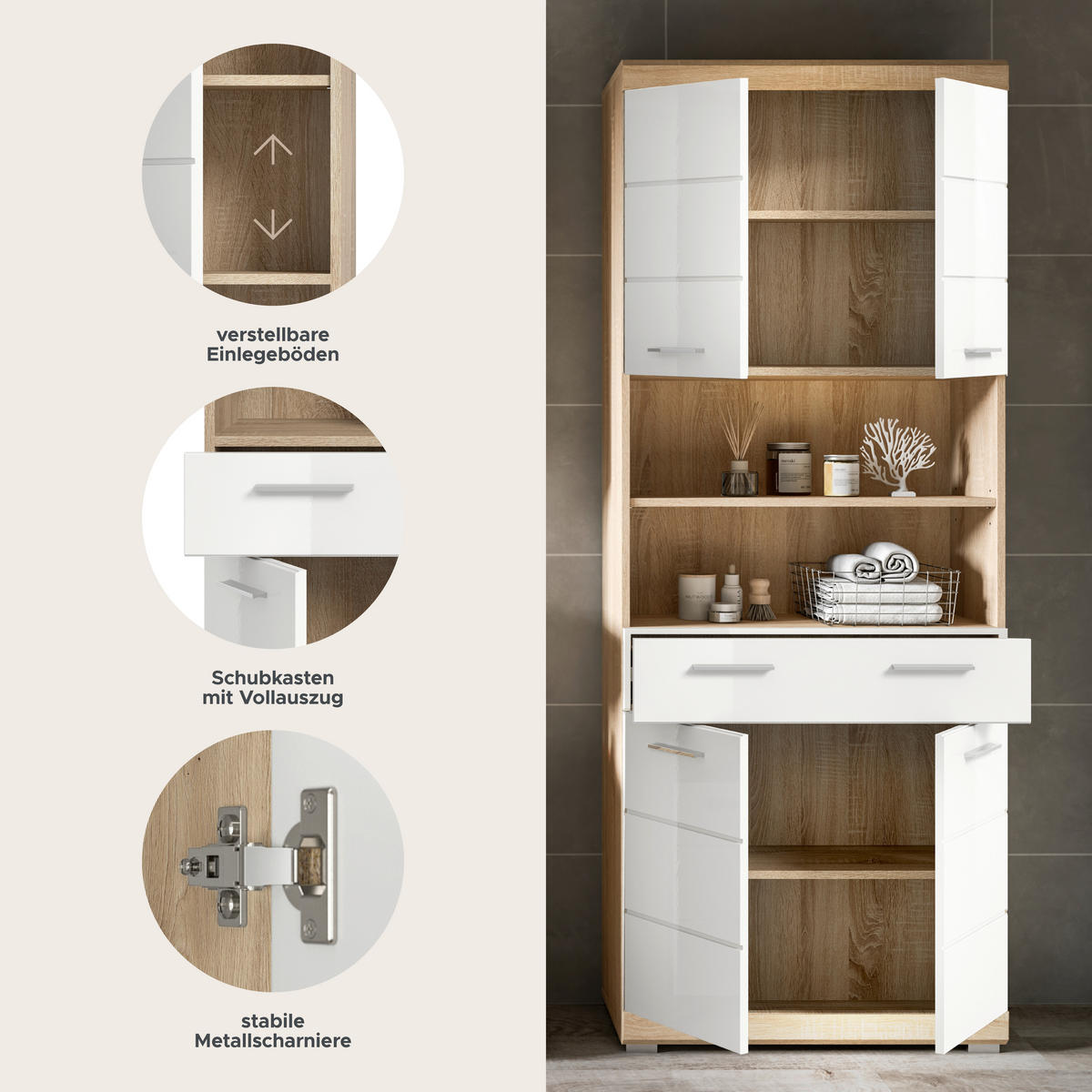Badhochschrank Lambada Eiche Sonoma Nachbildung weiß Hochglanz B/H/T: ca. 74x191x31 cm Lambada - Eiche/weiß (74,00/191,00/31,00cm) - xonox.home