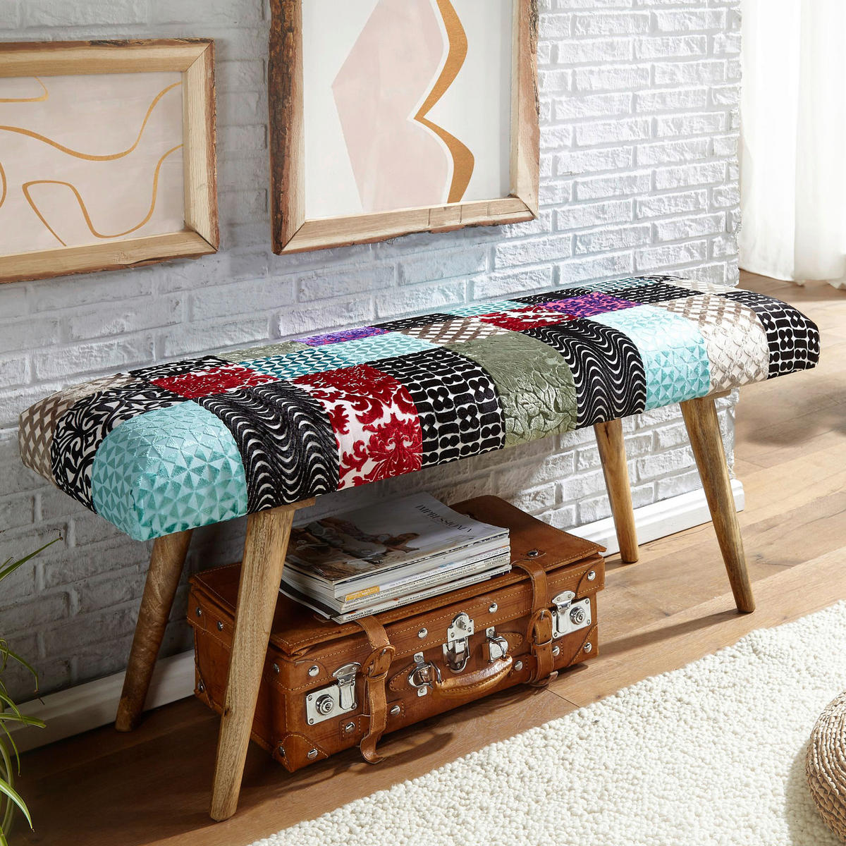 Wohnling Sitzbank bunt natur Stoff Echtholz B/H/T: ca. 117x51x38 cm Sitzbank - natur/bunt (117,00/51,00/38,00cm) - Wohnling