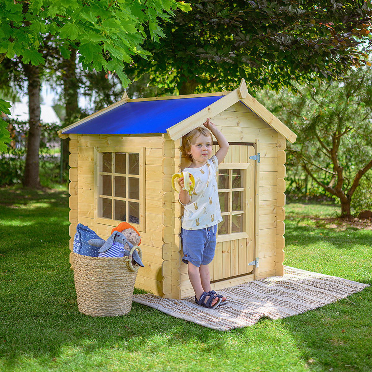 Timbela Kinderspielhaus M570M blau B/H/L: ca. 114x121x111 cm M570M - blau/natur (111,00/114,00/121,00cm) - Timbela