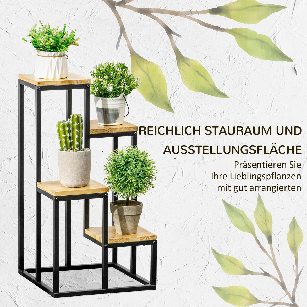 Outsunny Pflanzenständer schwarz Stahl B/H/L: ca. 34x66x34 cm Pflanzenständer - natur/schwarz (34,00/34,00/66,00cm) - Outsunny