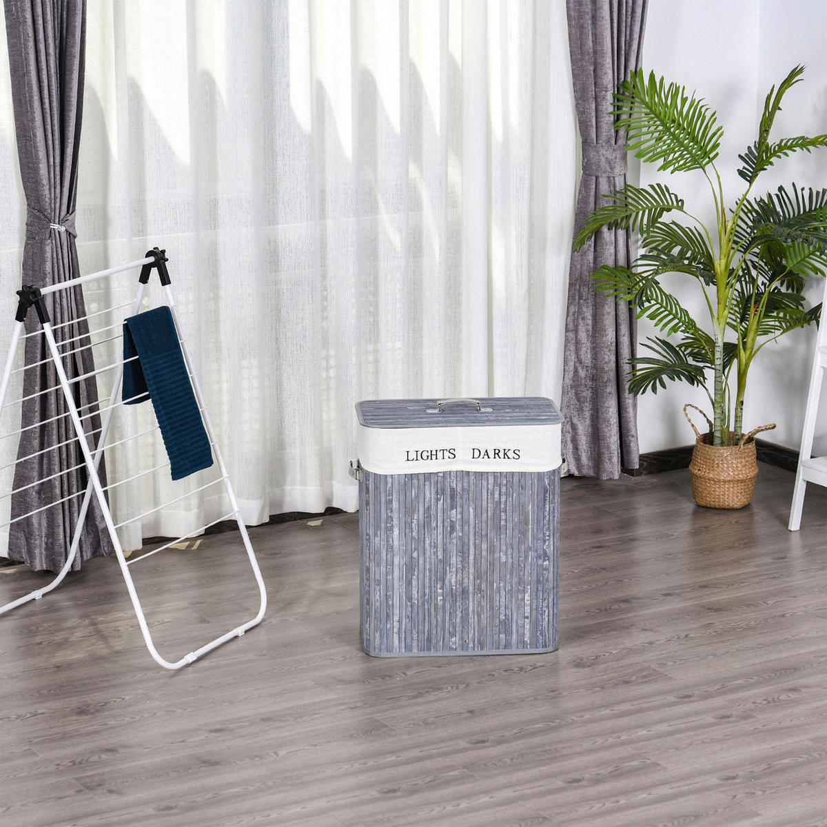 Wäschekorb mit 2 Tragegriffen grau Bambus Kunststoff B/H/L: ca. 32x63x52 cm Wäschekorb 850-020GY - grau (52,00/32,00/63,00cm) - HOMCOM