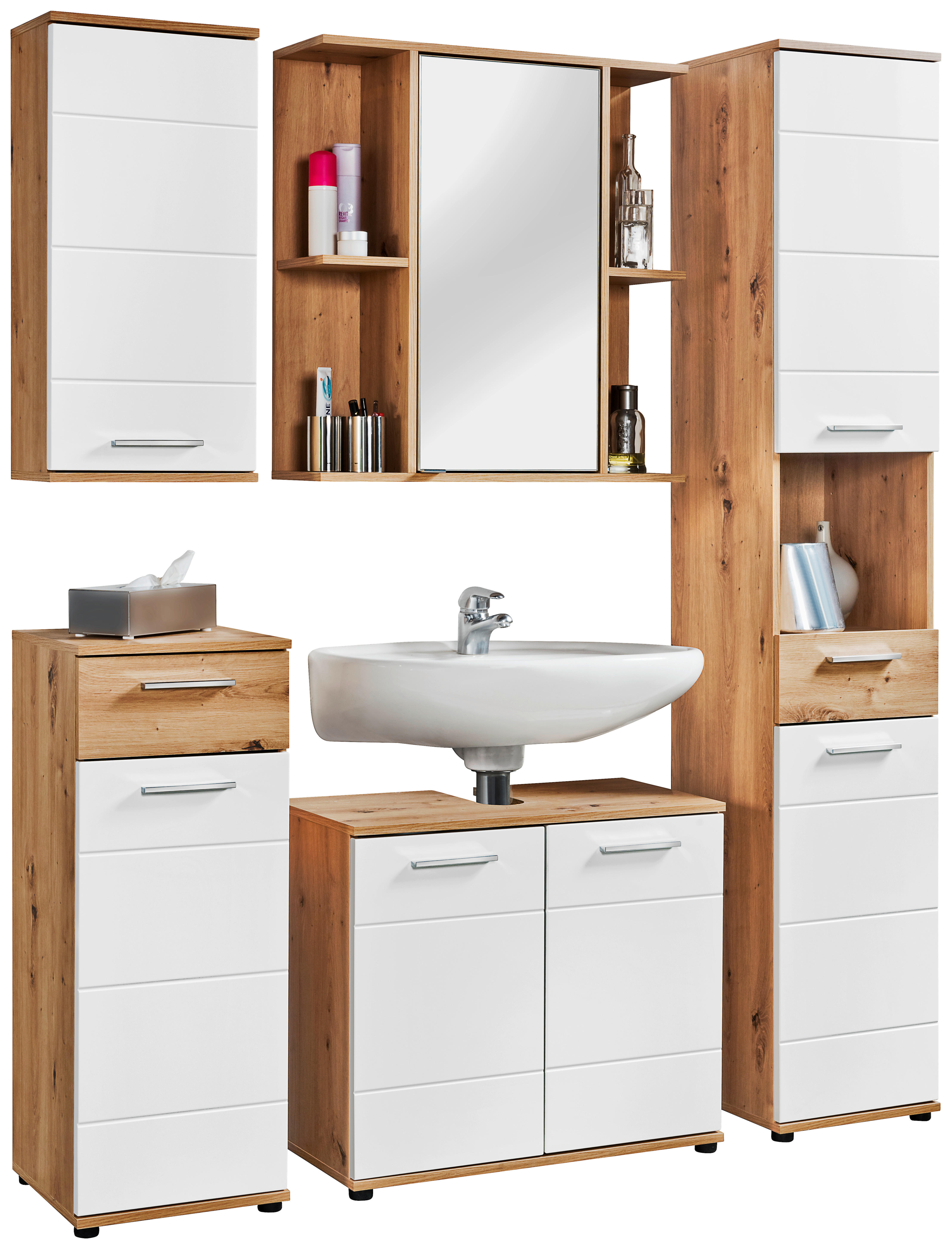 Badhängeschrank Bergen Eiche Artisan Nachbildung weiß Hochglanz B/H/T: ca. 35x74x23 cm Bergen - Eiche/weiß (35,00/74,00/23,00cm)