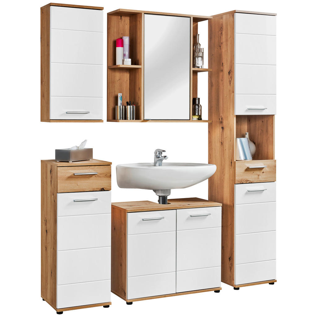 Thumbnail - Waschbeckenunterschrank Bergen Eiche Artisan Nachbildung weiß Hochglanz B/H/T: ca. 70x61x35 cm