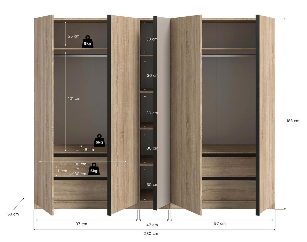 Kleiderschrank OAKLAND Eiche Sonoma Nachbildung Cashmere B/H/T: ca. 230x183x53 cm OAKLAND - Eiche/Cashmere (230,00/183,00/53,00cm) - xonox.home