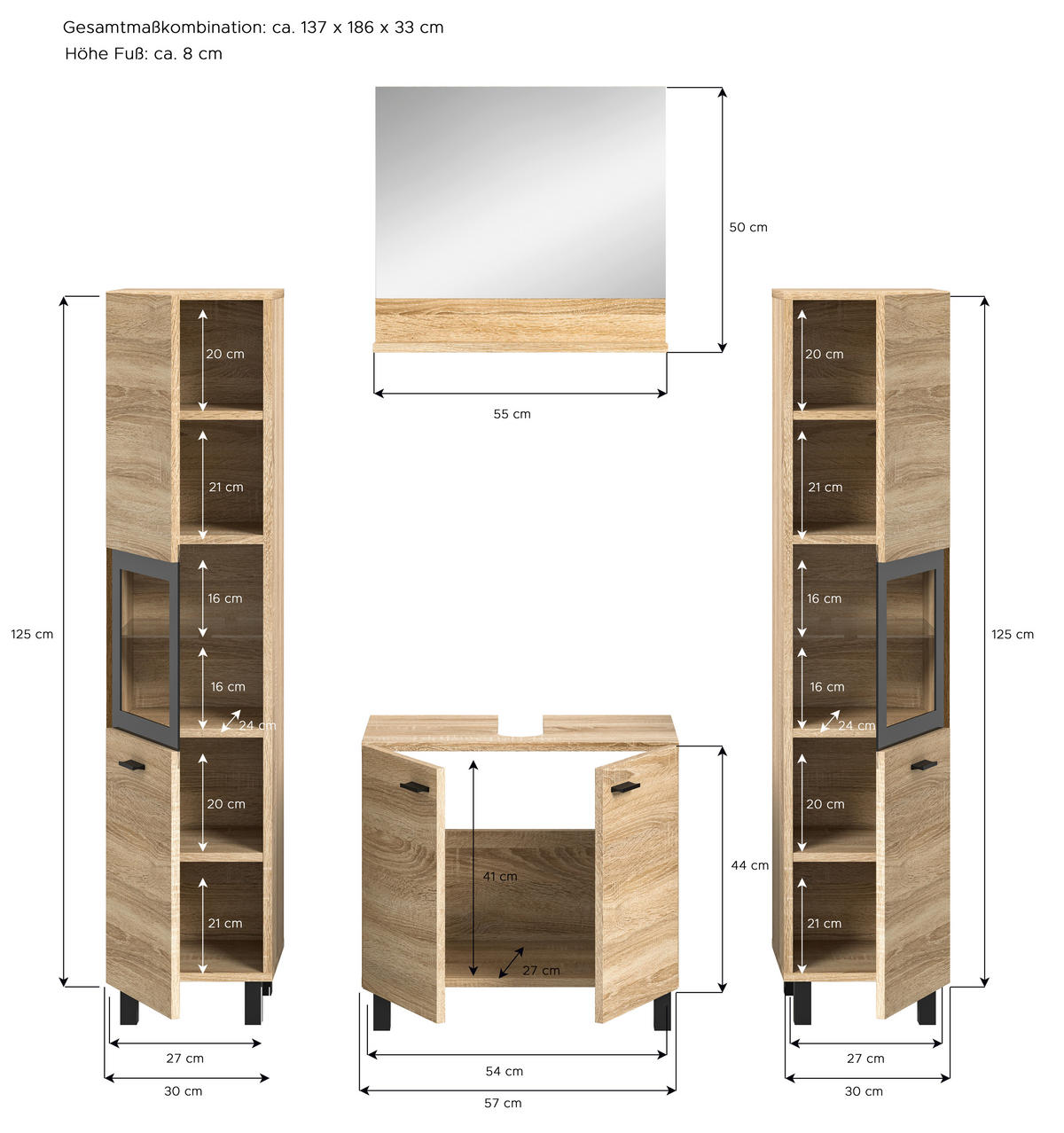 Badezimmer-Set BOSTON Eiche Sonoma Nachbildung schwarz B/H/T: ca. 137x186x33 cm BOSTON - Eiche/schwarz (137,00/186,00/33,00cm) - xonox.home
