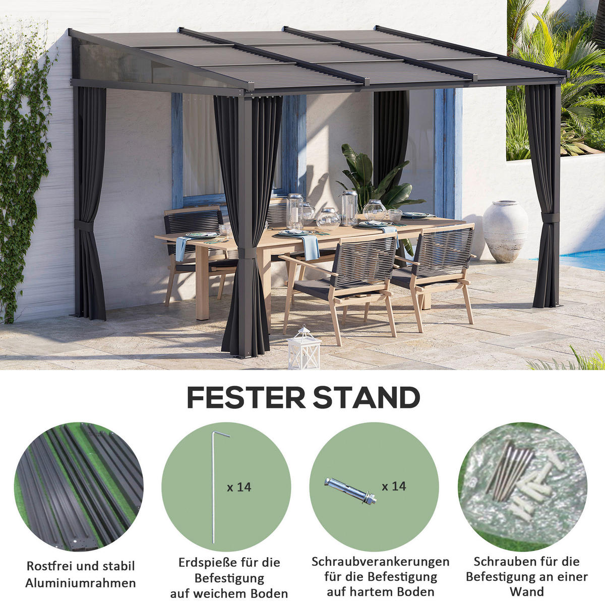Outsunny Pergola mit Schiebeelementen grau Polyester B/H/L: ca. 255x242x365 cm Pergola_mit_Schiebeelementen - grau (365,00/255,00/242,00cm) - Outsunny