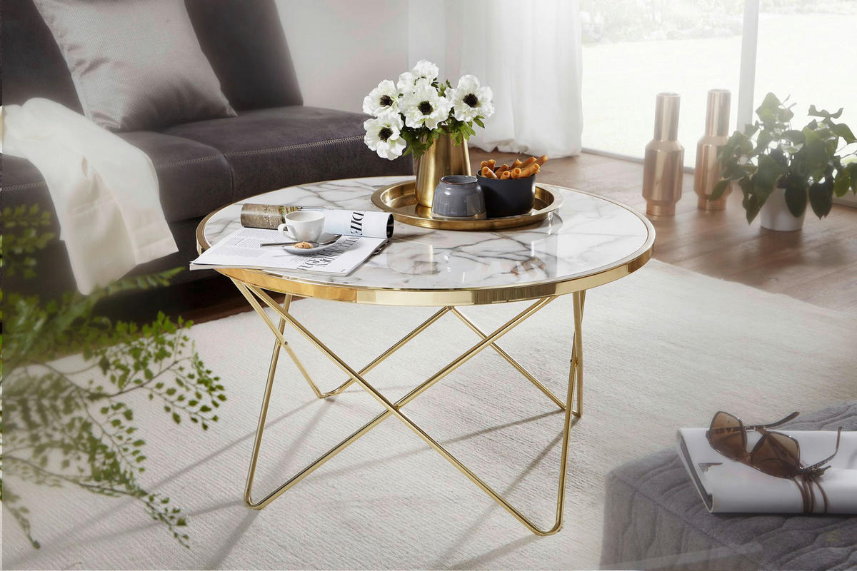 Couchtisch weiß Marmor Optik gold B/H/T: ca. 85x49x85 cm Couchtisch - gold/weiß (85,00/49,00/85,00cm) - Wohnling