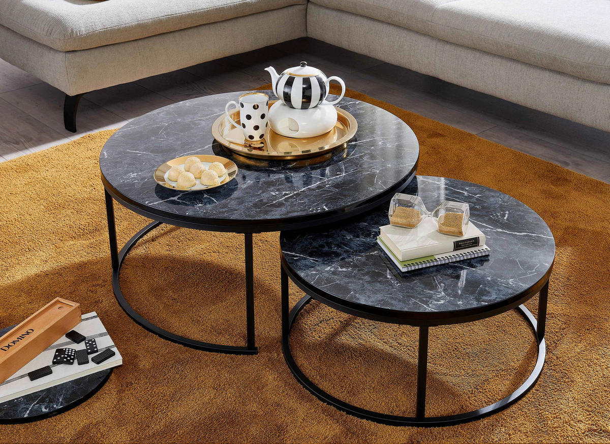 Couchtisch 2er-Set schwarz Marmor Optik schwarz lackiert 2er-Set - schwarz - Wohnling