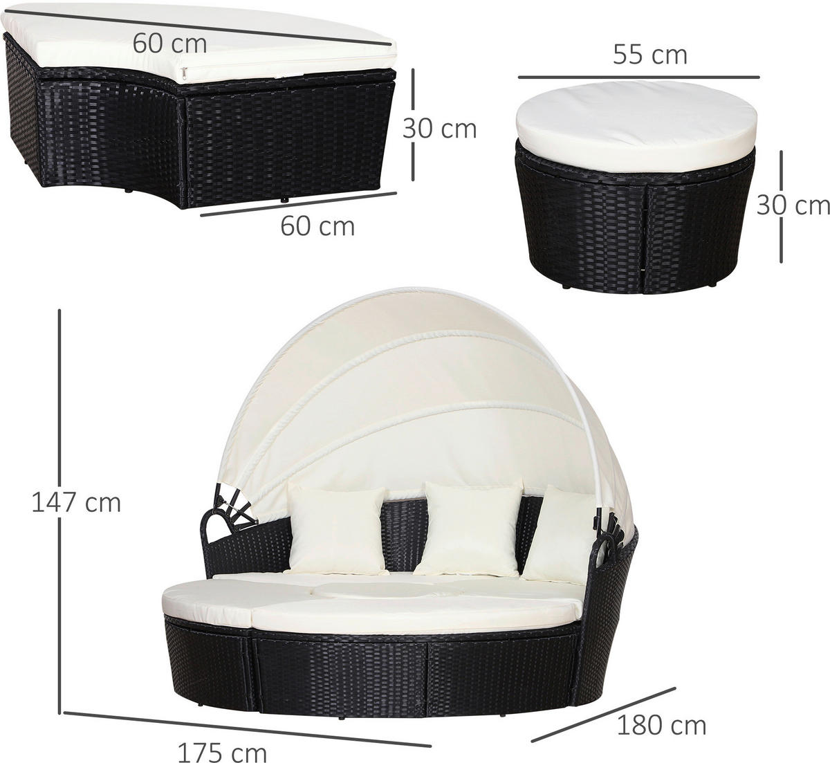 Outsunny Sonneninsel schwarz Polyrattan B/H/T: ca. 175x147x180 cm Polyrattan_Sonneninsel - creme/schwarz (175,00/147,00/180,00cm) - Outsunny