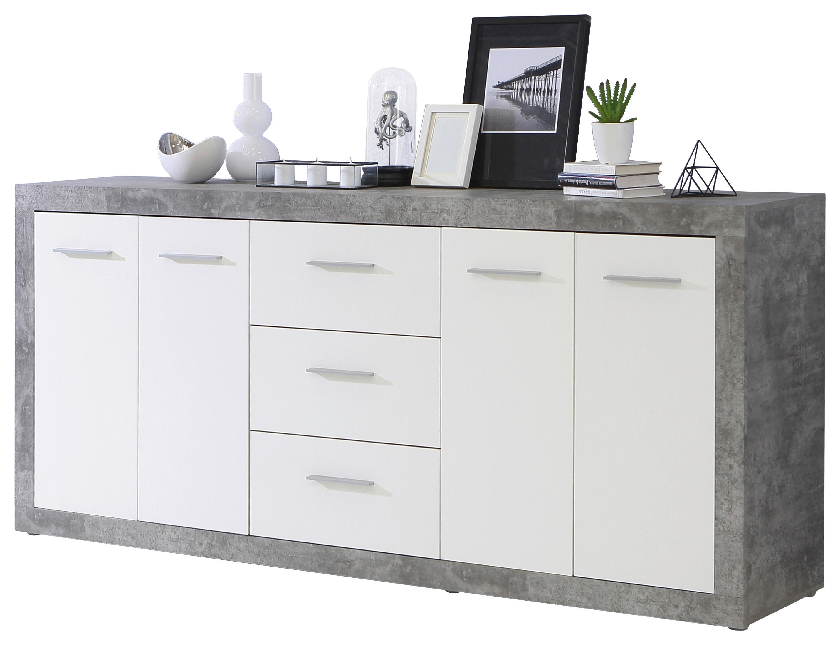 Sideboard Beton Optik weiß B/H/T: ca. 207x92x41 cm Finley_Sideboard FEYK251-C264 - weiß (207,00/92,00/41,00cm)