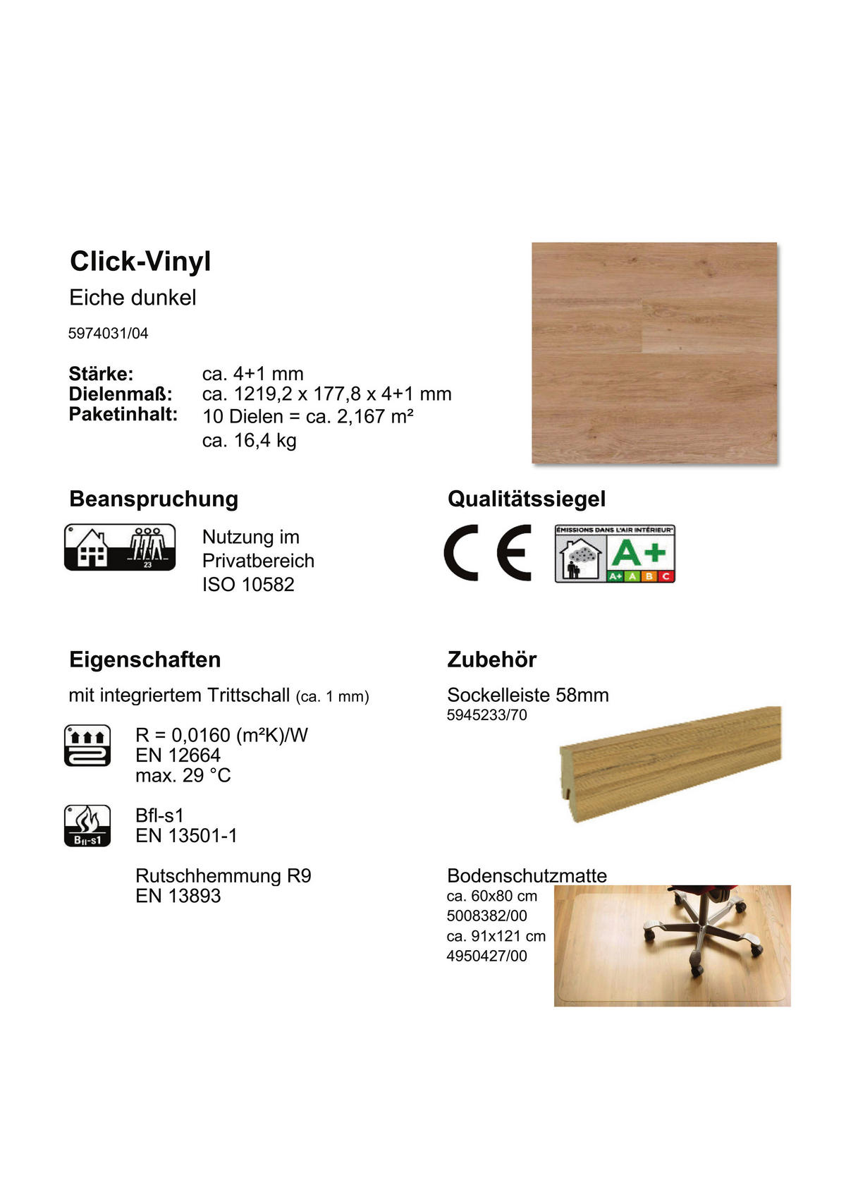 Click-Vinylboden Eiche dunkel ca. 2,17 m² im Paket  B/L: ca. 17,78x121,92 cm pro Paket Eiche dunkel ca. 2,17 m² im Paket - (17,78/121,92cm)