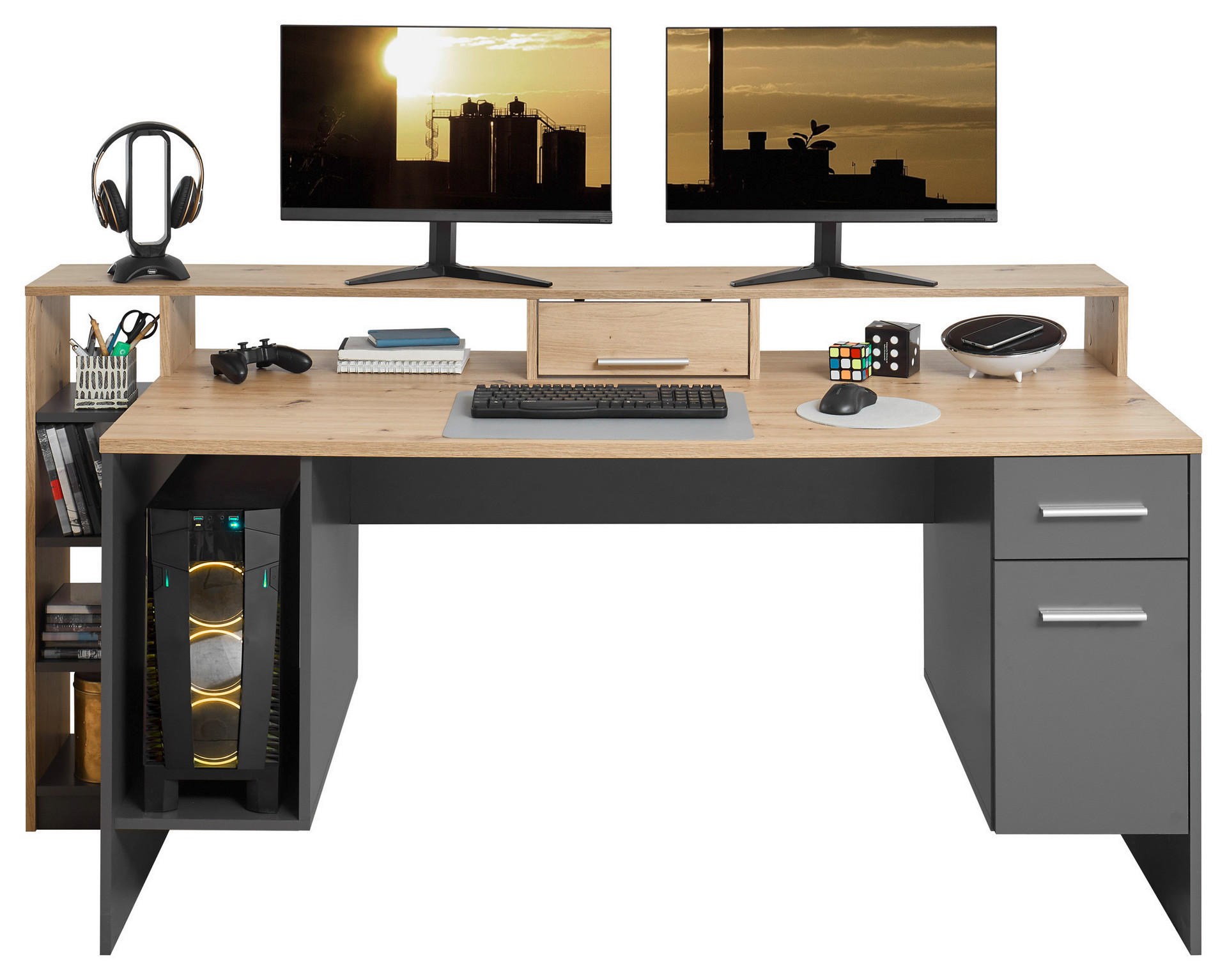 Schreibtisch Highscore grau Eiche Artisan Nachbildung B/H/T: ca. 182x92x70 cm Highscore - Eiche/grau (182,00/92,00/70,00cm)