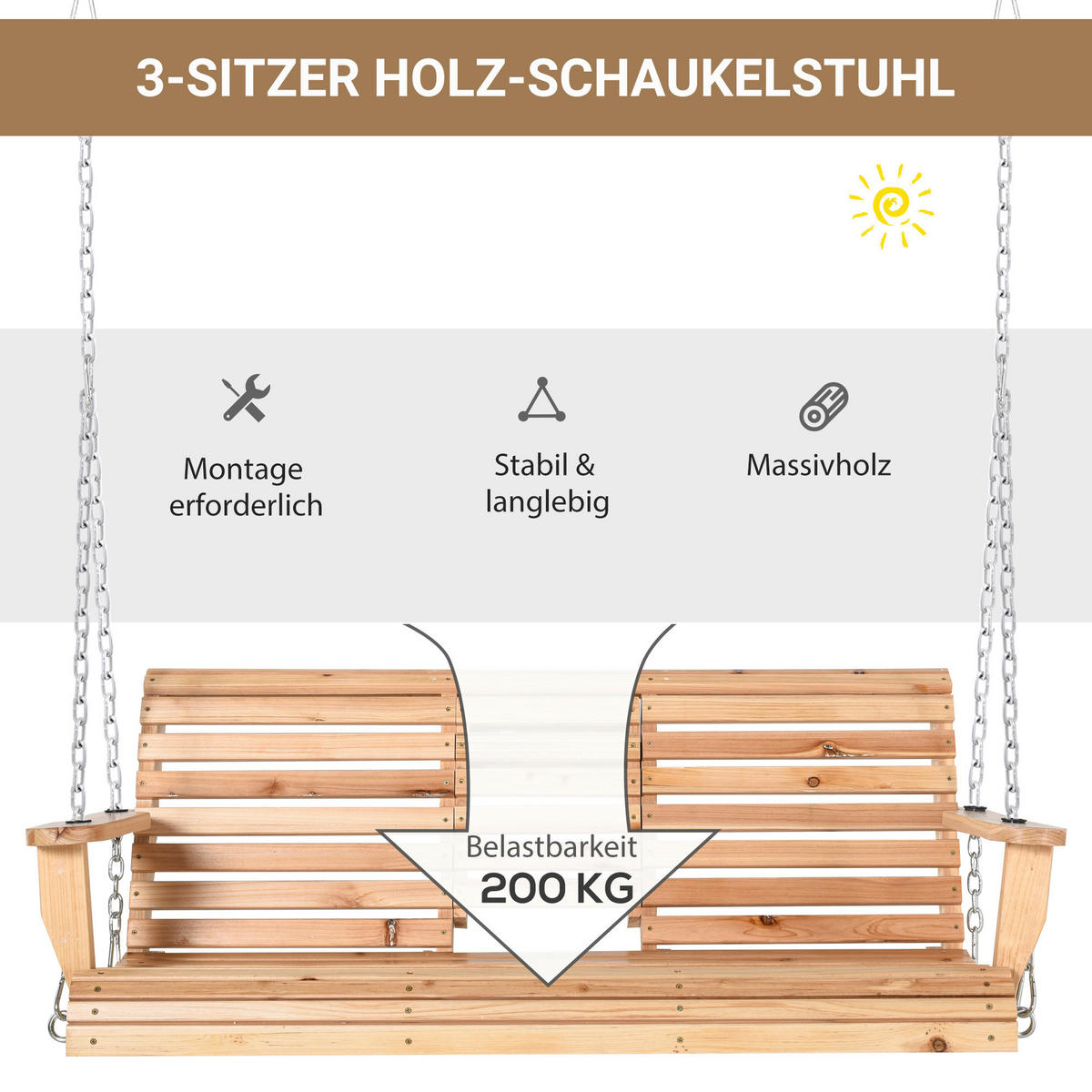 Outsunny Hängebank mit Getränkehalter natur Holz B/H/T: ca. 150x53x75 cm Hängebank mit Getränkehalter - natur (150,00/53,00/75,00cm) - Outsunny