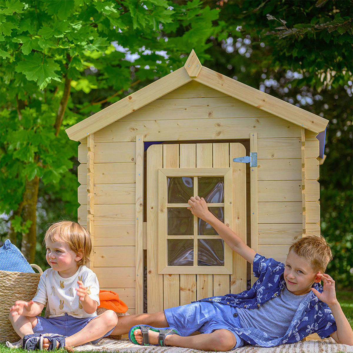 Timbela Kinderspielhaus M570M blau B/H/L: ca. 114x121x111 cm M570M - blau/natur (111,00/114,00/121,00cm) - Timbela
