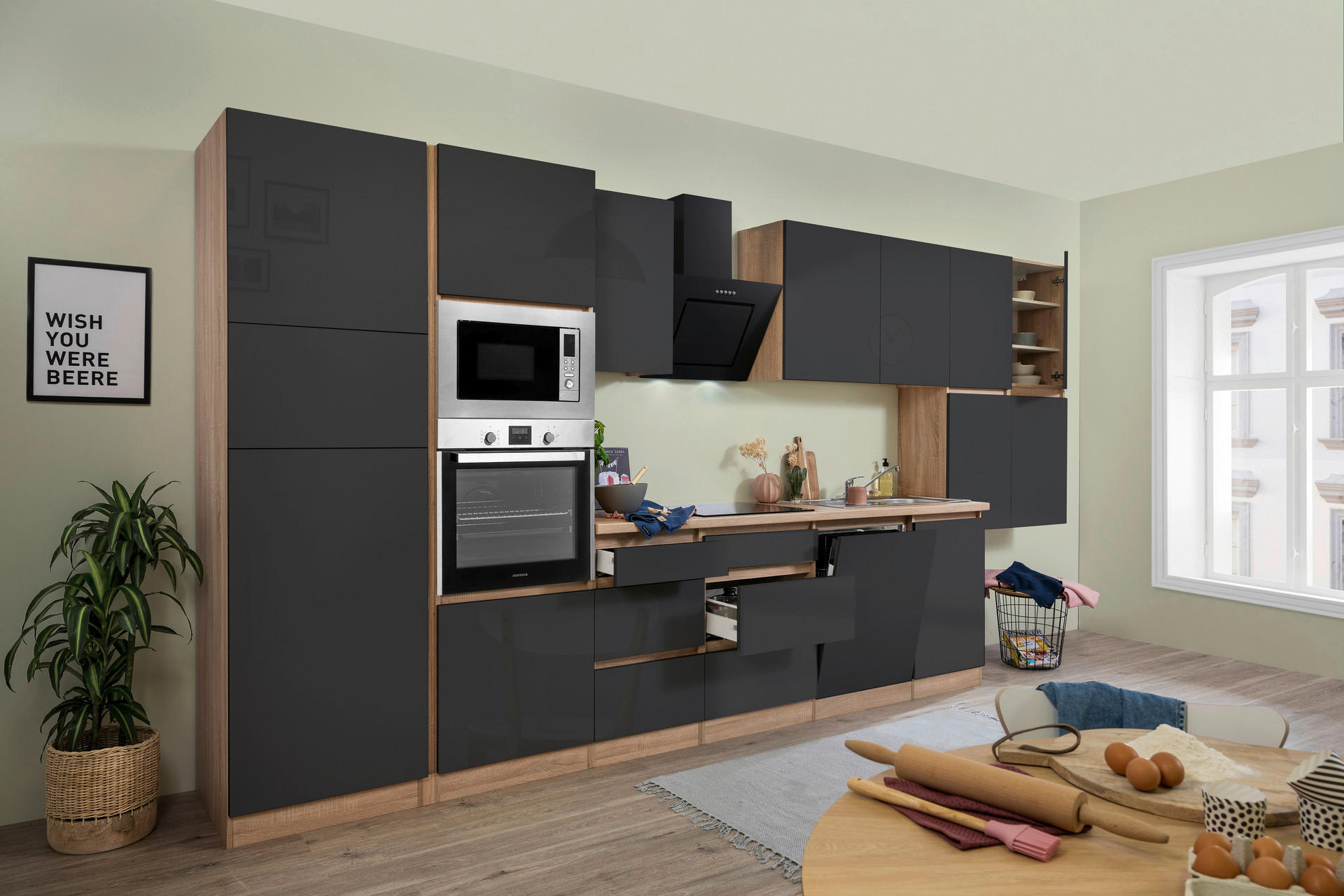 Respekta Küchenblock Premium grau hochglänzend B/H/T: ca. 445x220,5x60 cm Premium - Eiche/grau (445,00/220,50/60,00cm) - Respekta